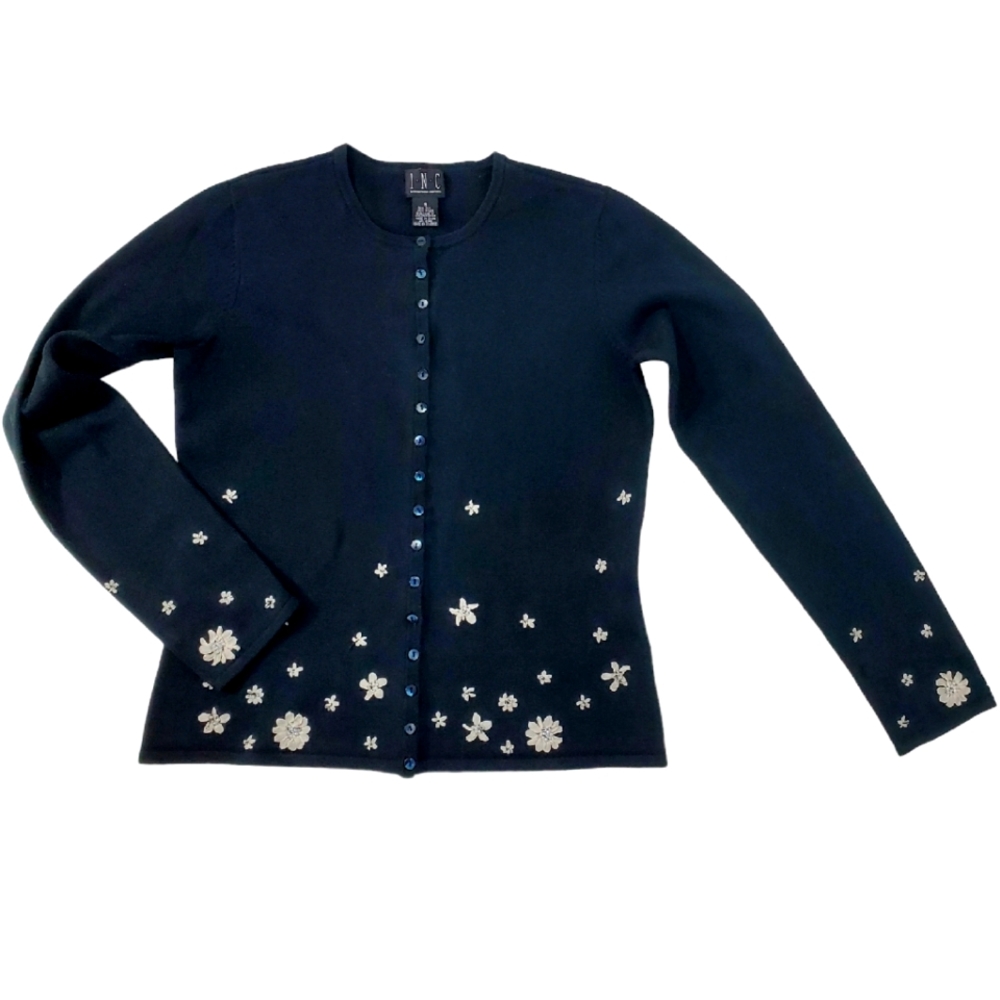 Black Cardigan With White silk flowers